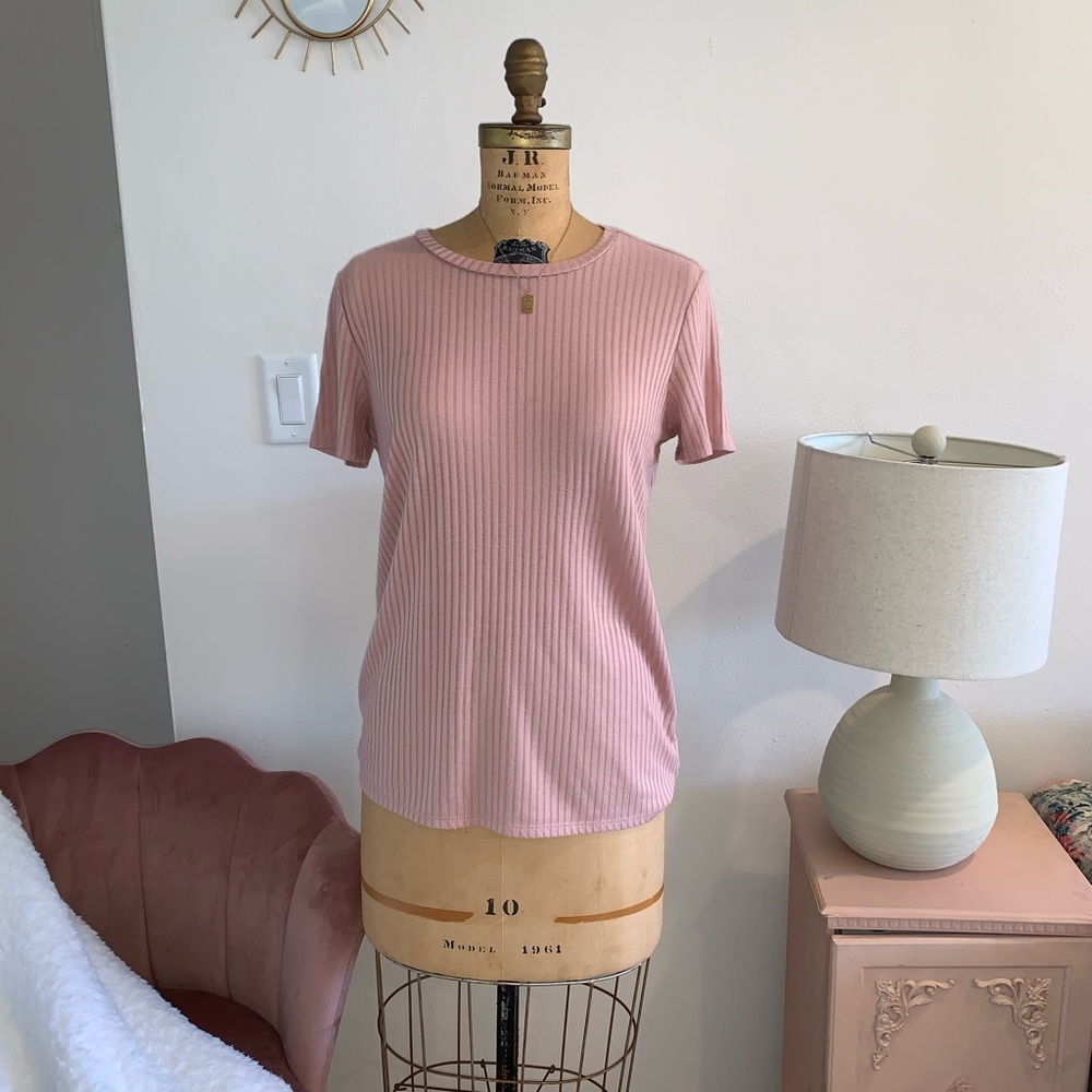 PINK RIBBED FOREVER 21 COTTON SHORT SLEEVE BLOUSE